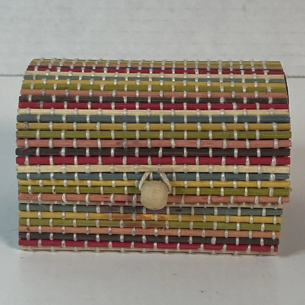 Woven Wicker Bamboo Wooden Multicolored Small Trinket Box Doll House Chest